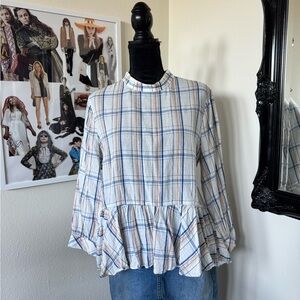 Anthropologie Blue and White Plaid Ruffle Blouse